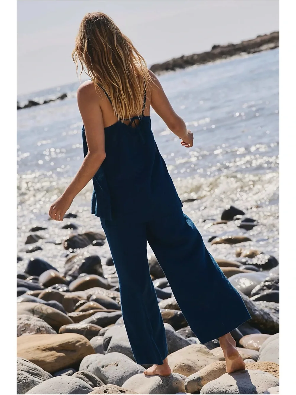 Free People Free-est Sightseer Poseidon Navy Blue Linen Tank Pant Set Large